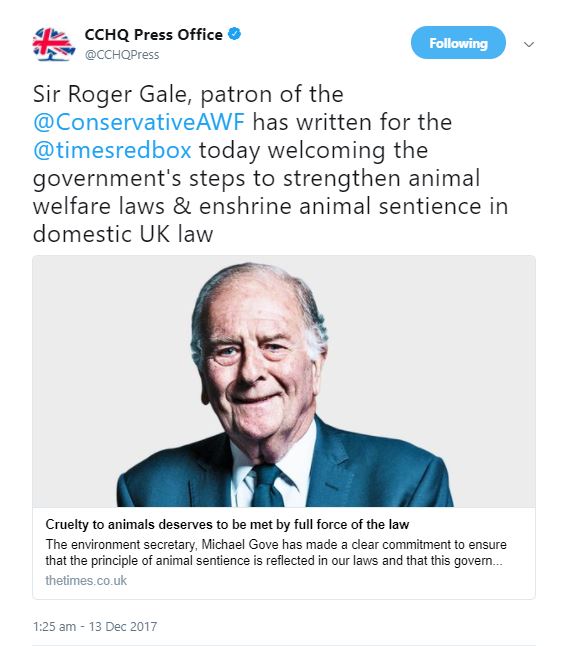 CCHQ ROGER GALE CONSERVATIVE ANIMAL WELFARE FOUNDATION PATRON